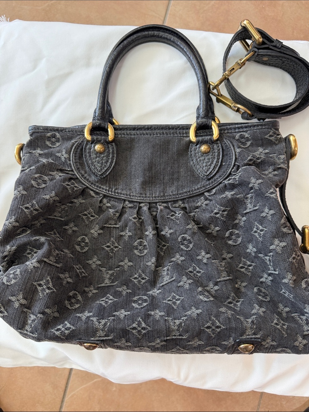 Louis Vuitton Gray Monogram Denim Shoulder Bag with Gold Hardware